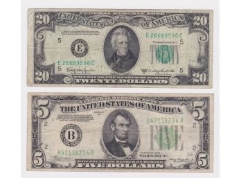 Vintage 1950D 20 Dollar Bill And 1934A 5 Dollar Bill