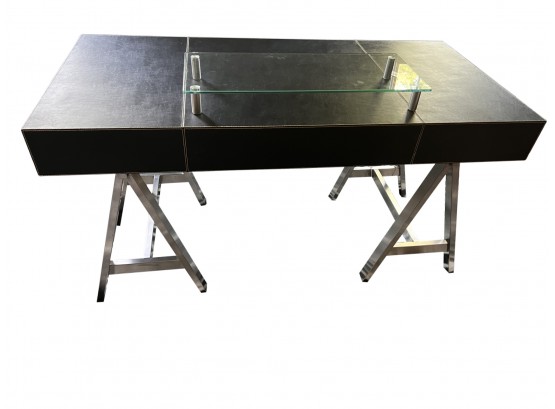 Ethan Allen Black Leather Desk With Silver Metal Base