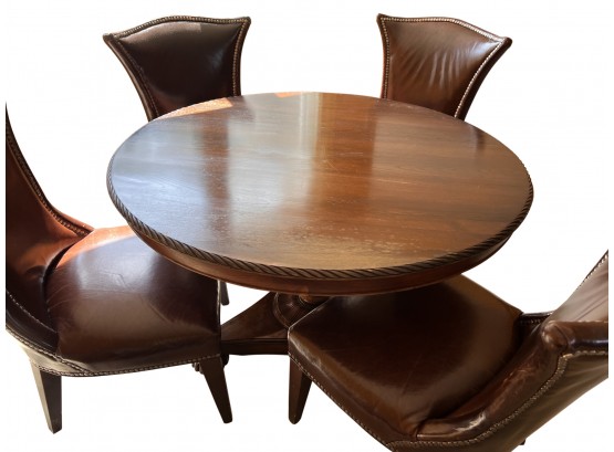 Mahogany Claw Foot Round Pedestal Table/Four Brown Leather Nail Head Chairs