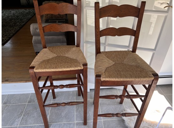 Pair Of Heavy Oak Ladder Back Bar Stools With Rush Seat
