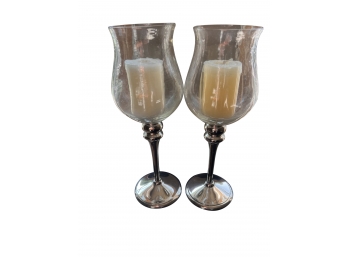 Pair Of Silver And Glass Candle Holders