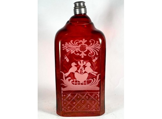 Vintage Red Glass Flask With Decorative Cutting