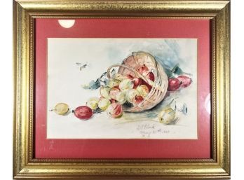 Signed Framed Watercolor Still Life Painting Fruit With Insect By LG Clark