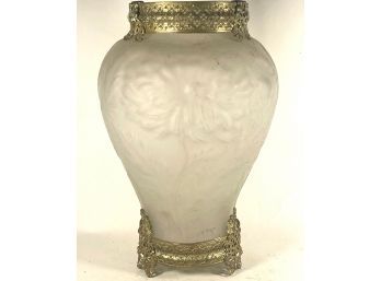 Frosted Glass Vase With Poppy Flowers & Gilt Metal Mounts