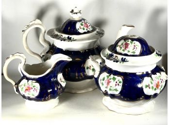 Antique English Cobalt Gaudy Tea Set In Poor Condition 1850s