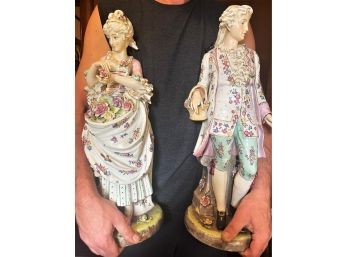 Pair Large Porcelain Figurines Gent And Lady Hand Painted 22' Tall
