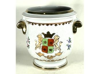 Vintage Hand Painted Enamel Porcelain Cashe Pot  Planter W Lion Crest