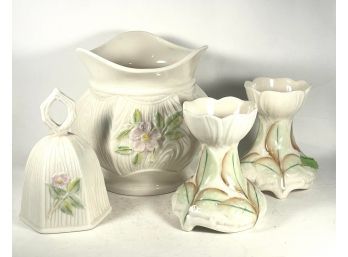 Lot Four Pieces Vintage Belleek Irish Porcelain Candle Holders Vase Dinner Bell