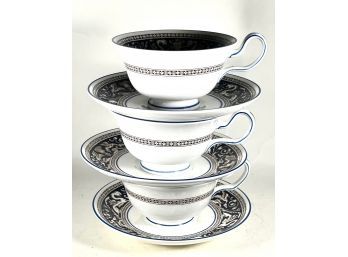 Three Wedgwood Florentine Cups And Saucers Cobalt Blue