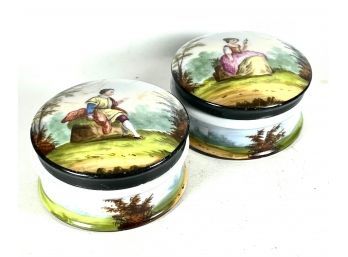 Pair Early Hand Painted Paris Porcelain Dresser Jars With Figures