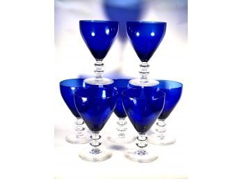 Eight Vintage Cobalt Blue Glass Footed Water Goblets