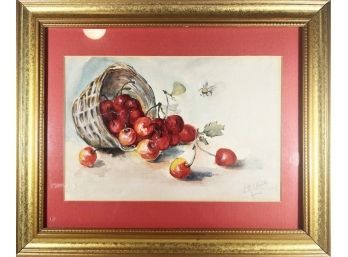 Antique Watercolor Painting Still Life Cherries In Basket With Bug LG Clark 1908