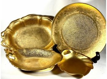 Lot Four Pieces Vintage Gold Encrusted Tableware In Porcelain
