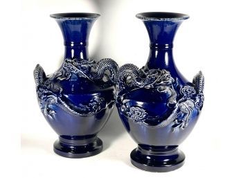 Pair Antique Chinese Blue Pottery Glazed Vases With Dragons In Relief