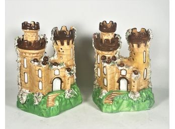Pair Early Staffordshire Porcelain Castle Shaped Pastille Burners