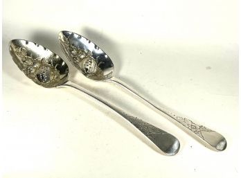Pair Large Antique Sterling Silver Berry Spoons English