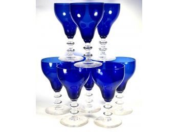 Eight Vintage Clear And Cobalt Blue Glass Wine Glass Stems