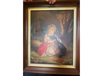 Victorian Black Walnut Framed Chromolithograph Print Of Girl With Dog