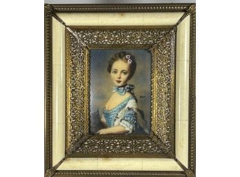 Vintage Miniature Painting In Easel Back Frame Signed Young Girl