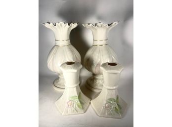 Lot Pair Belleek Porcelain Footed Vases & Belleek Candlestick Holders