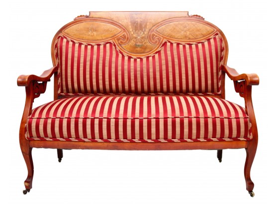 Antique Striped Upholstered Settee With Brass Casters