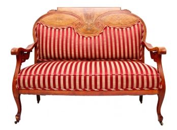 Antique Striped Upholstered Settee With Brass Casters