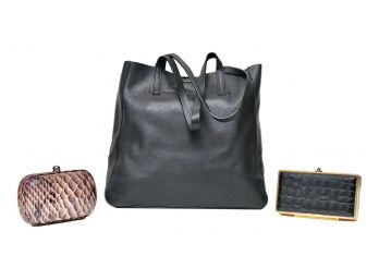 Milly Black Pebble Leather Tote Handbag Plus 2 Clutches