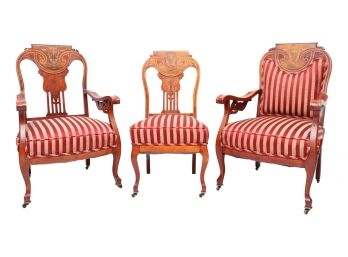 Set Of 3 Antique Striped Upholstered Chairs With Brass Casters
