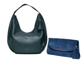 Barney NY Green Leather Handbag And Blue Suede Clutch With Tassels