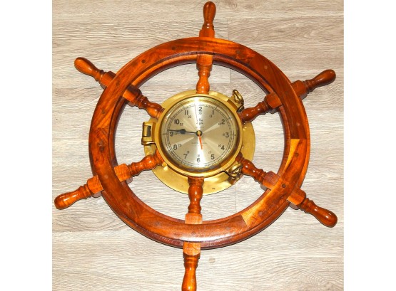 24 Inch Wood And Heavy Brass Ships Wheel Clock