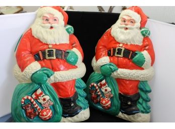 Pair Of 3 Dimensional Santa Clause Christmas Wall Hangings - Over Two Feet Tall
