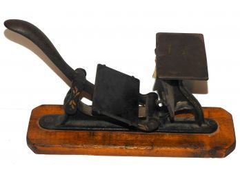 1930s Cast Iron Printing Press With Stenciling On Wooden Base Aprox. 11 Inches
