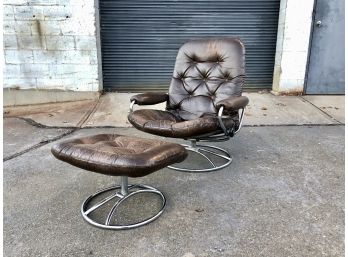 Mid Century Chrome And Leather Chair And Ottoman