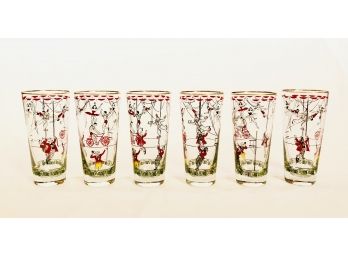 Set Of 6 Mid Century (1952) Libbey Circus Acrobats And Clowns Drinking Glasses