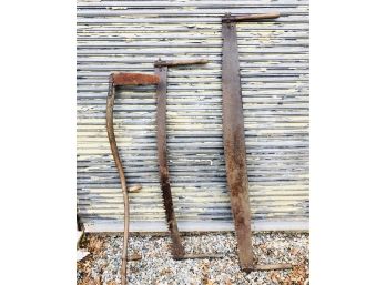 Set Of 3 Antique Tools - Two Man Saws And  Scythe