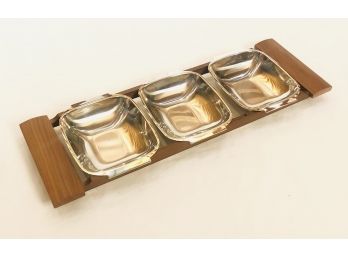 Mid Century Wood And Chrome Serving Snack Tray In Original Box