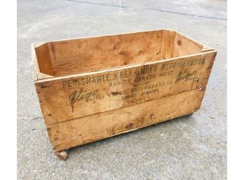 Vintage Rolling Wood Crate With Advertising For Vigo Brand Canned Meat From Denmark