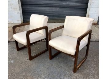 Pair Of Vintage Sculptural Wood And Vinyl Side Chairs