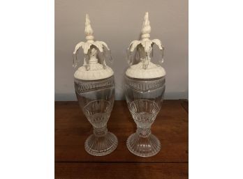 Antique Pedestal French Glass Apothecary/Candy Jars, With Wood Covers, Flame Finial, And Crystals