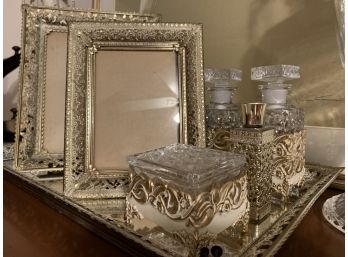 Dresser Mirror With Photo Frames, Perfume Bottles, Jewelry Casket,