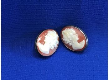 Early Sterling Silver Cameo Clip On Earrings