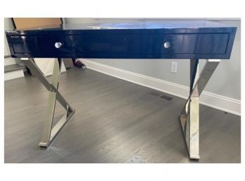 Worlds Away Navy Lacquer Desk With X-base Chrome Legs