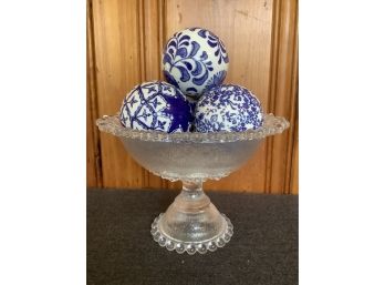 Blue And White Decorative Balls With Stemmed Glass Bowl