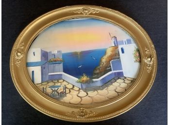 Oval Art Work Of A Balcony View Of The Ocean