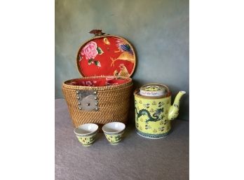 Early Chinese Tea Set In Lovely Woven Basket