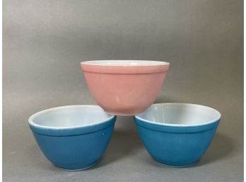 Three Vintage Pyrex Bowls, Flamingo Pink & Blue, 5.5 Inches