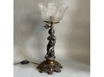 Gorgeous Antique 1890s Cast Metal, Brass & Etched Glass Cherub Lamp