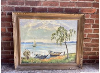 Antique Newcomb Macklin Style Carved Frame With Oil Sea Scape Scene