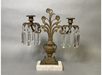 Antique 1850s Victorian Fancy Brass Candle Girandole Mantle Lustre On Carrera Marble Base