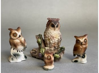 Genuine Bone China & Wood Miniature Owl Figurines